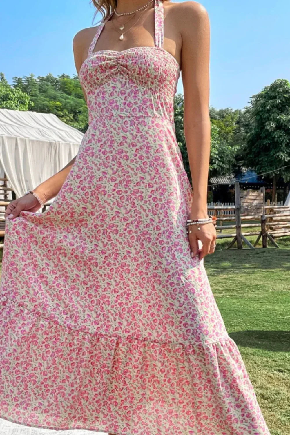 Sexy Wind Neck Sleeveless High Waist Backless A-Line Floral Dress