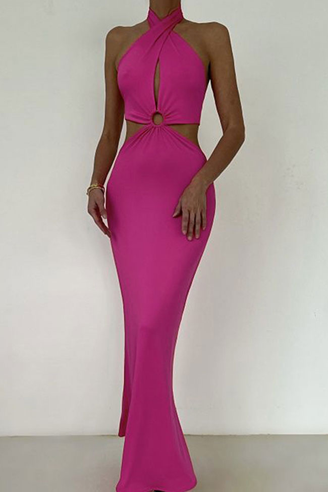 Alluring Wrap Front O Ring Cutout Fishtail Halter Tie Backless Maxi Dress - Rose