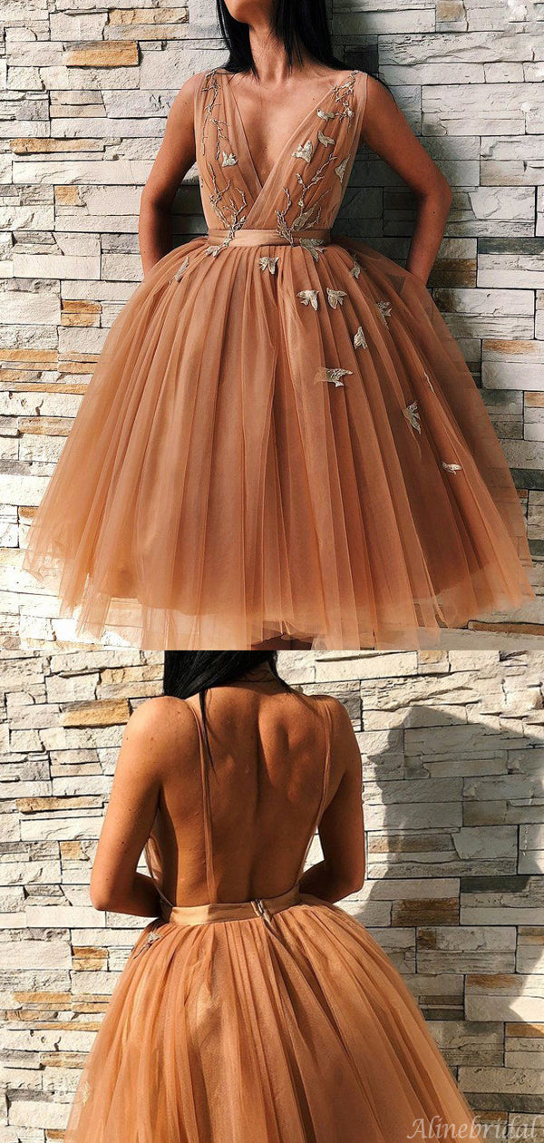 Lace Applique Tulle Plunge V-Neck Sleeveless Midi Prom Dress 2