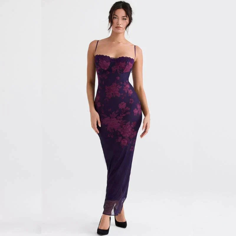 Floral Spaghetti Strap Lace Trim Bodycon Maxi Dress