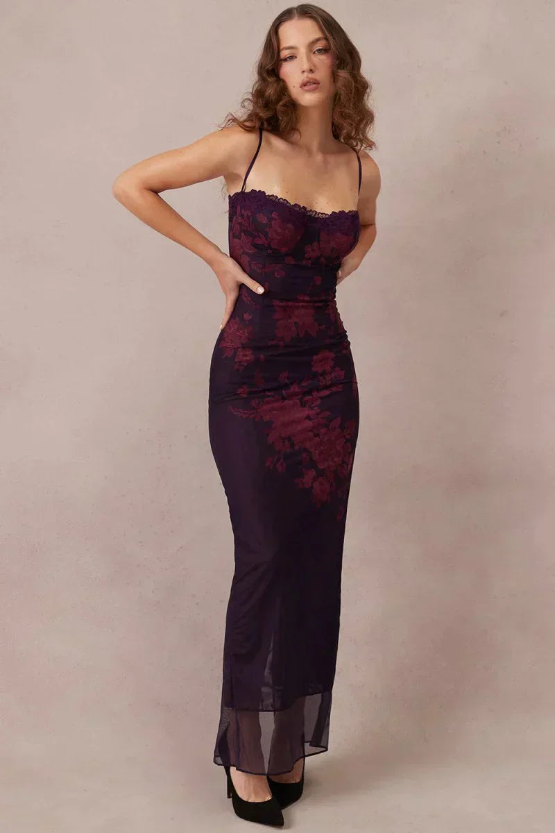 Floral Spaghetti Strap Lace Trim Bodycon Maxi Dress