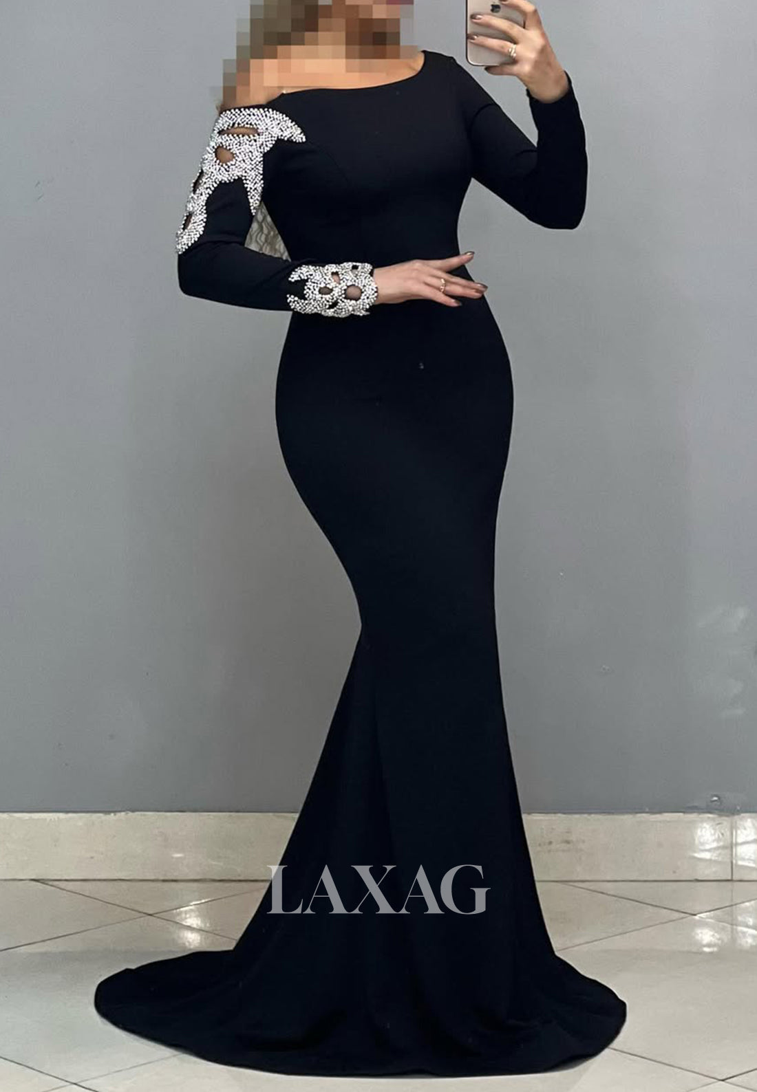 Scoop-Neck Long Sleeves Off-Shoulder Formal Gowns Beaded Satin Sweep Train Mermaid Prom Dress