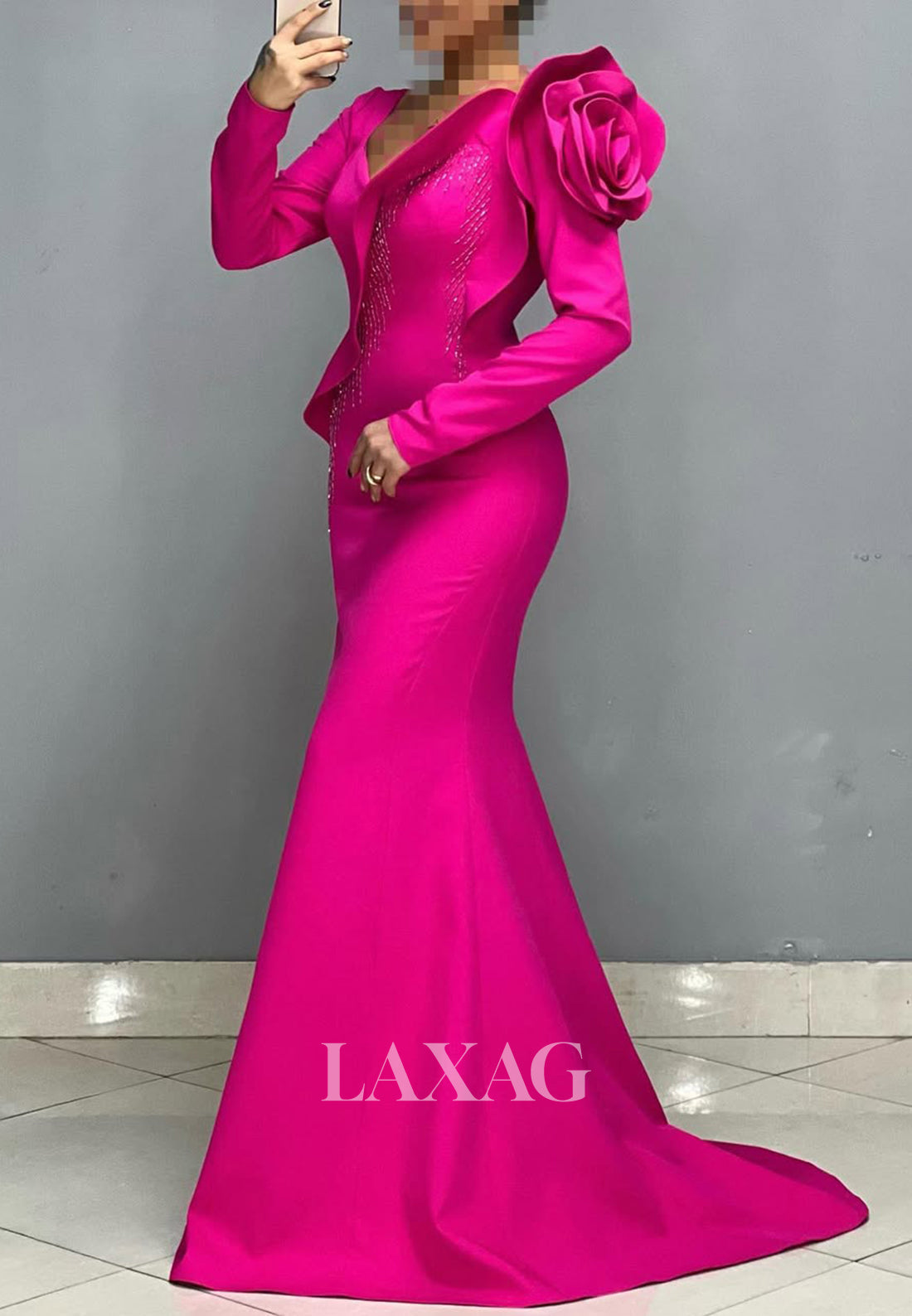 Ruffled V-Neck Long Sleeves Beaded Pleated Party Gowns Floral Embossed Mermaid Prom Dress