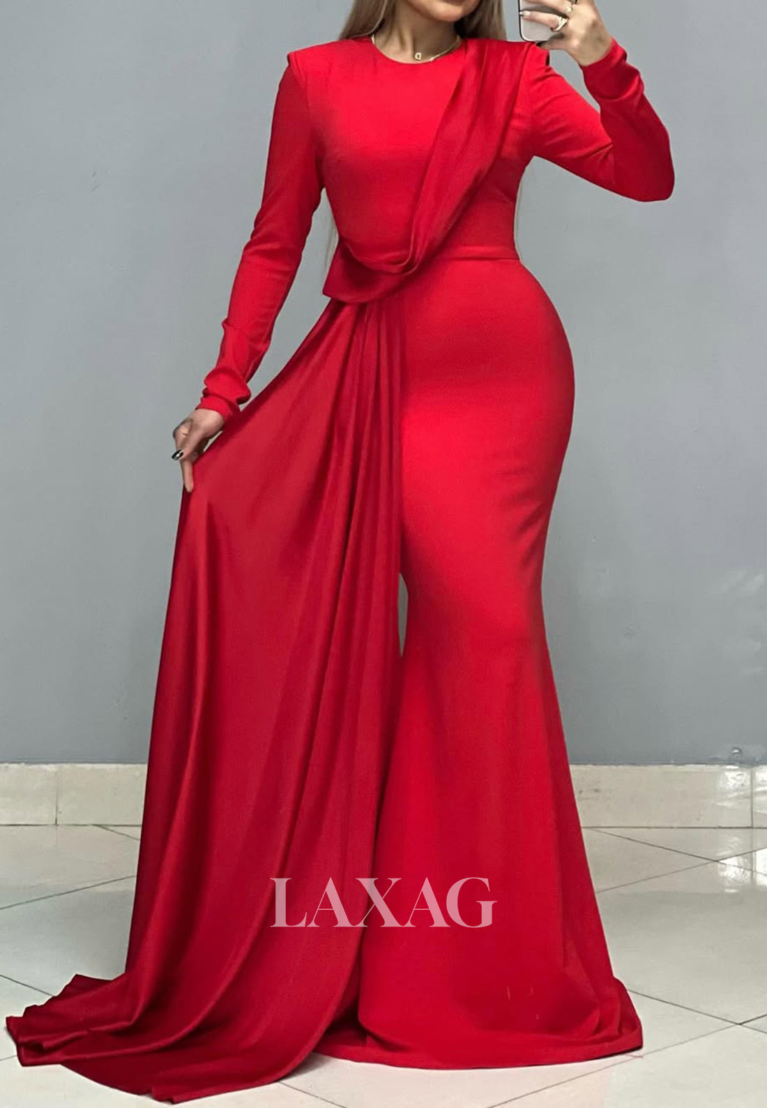 Simple Scoop-Neck Long Sleeves Pleated Satin Mermaid Formal Prom Dress with Sweep Train