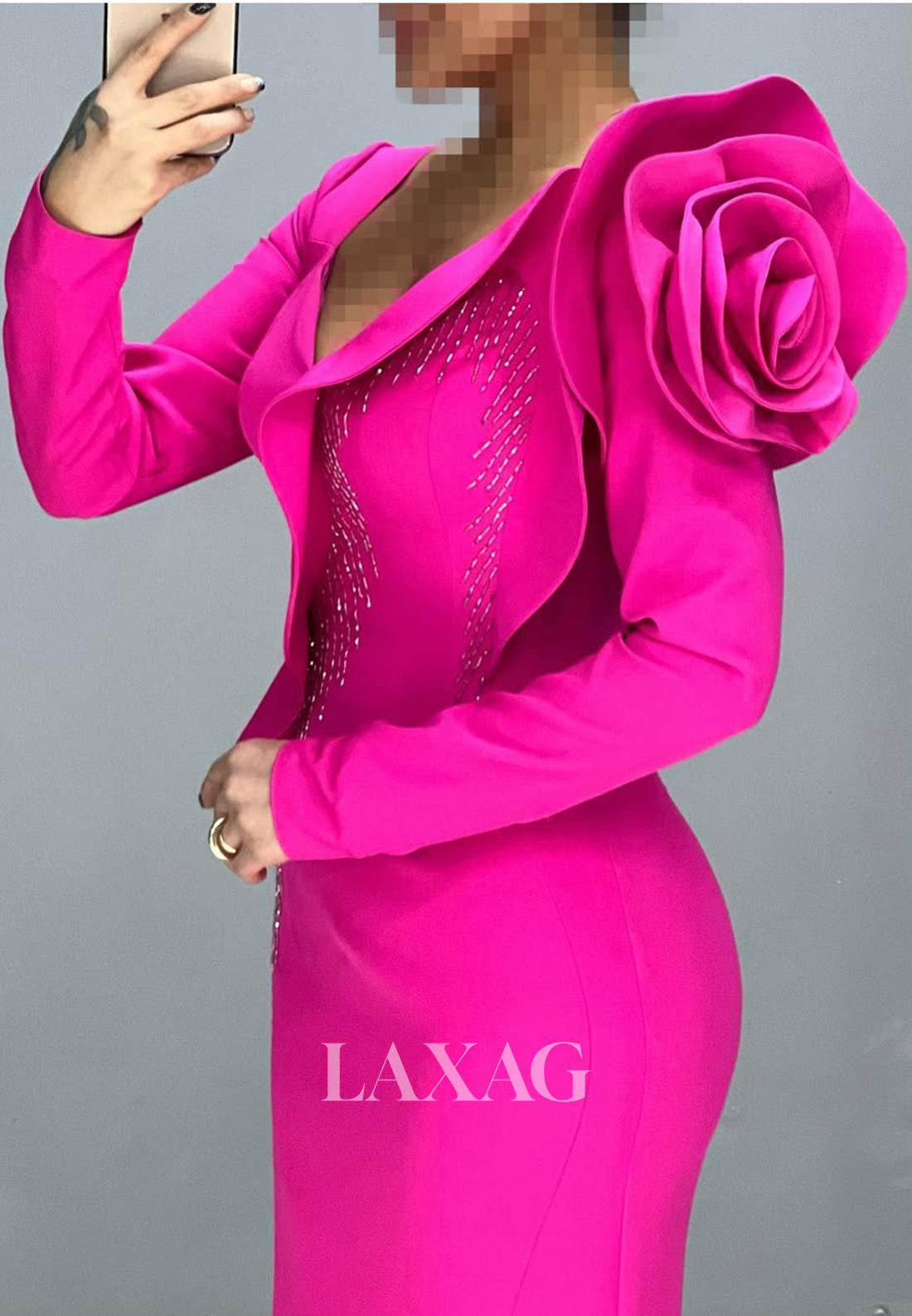 Ruffled V-Neck Long Sleeves Beaded Pleated Party Gowns Floral Embossed Mermaid Prom Dress