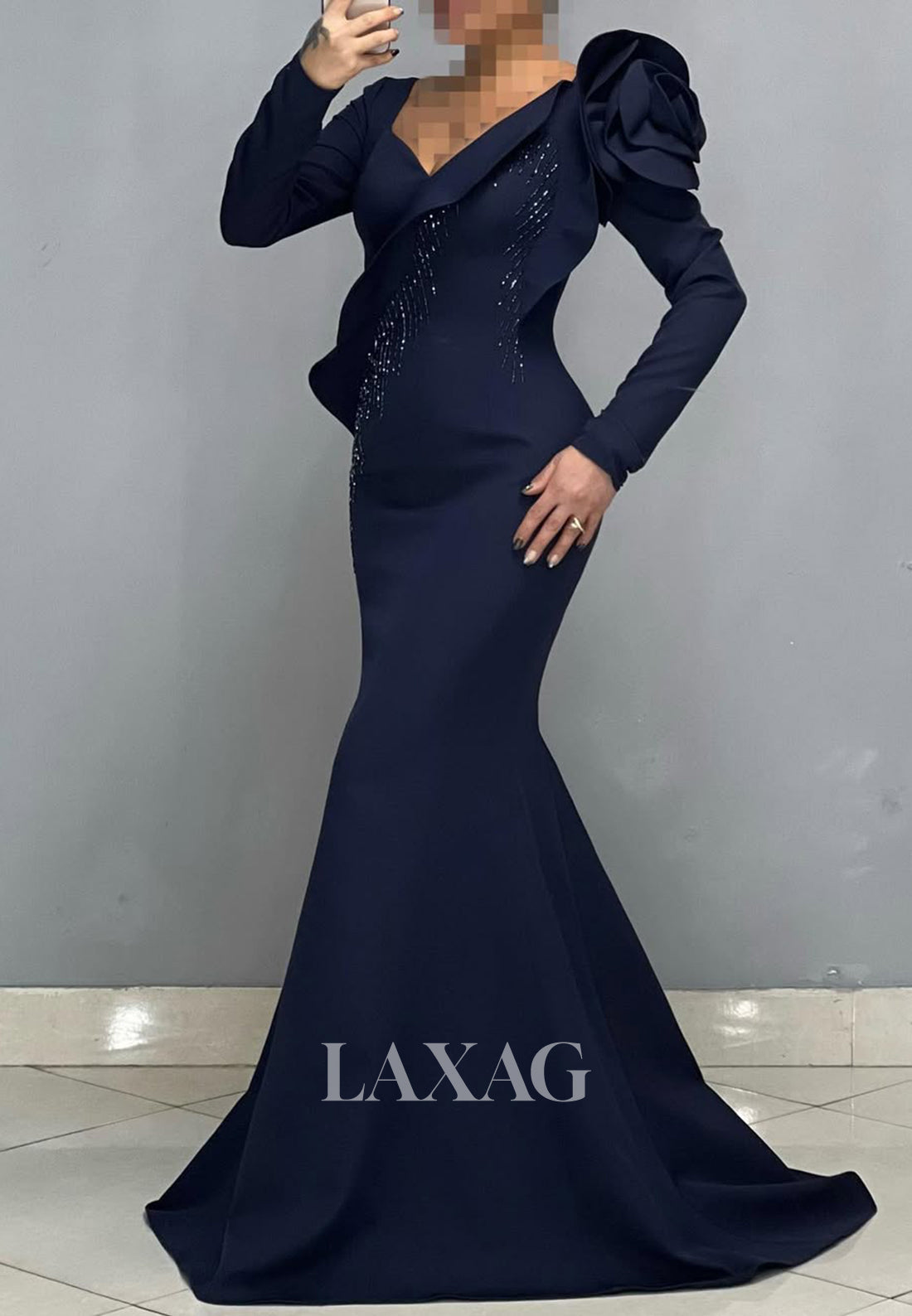 Ruffled V-Neck Long Sleeves Beaded Pleated Party Gowns Floral Embossed Mermaid Prom Dress