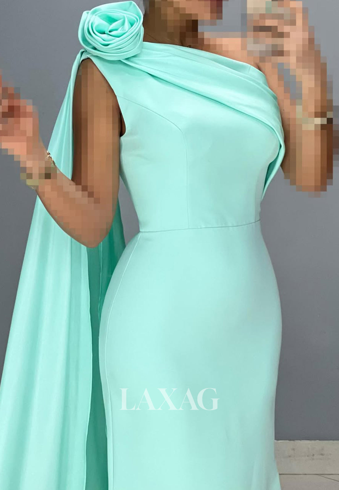 Asymmetrical-Neck Sleeveless Floral Embossed Party Gowns Pleated Sweep Train Satin Mermaid Prom Dress