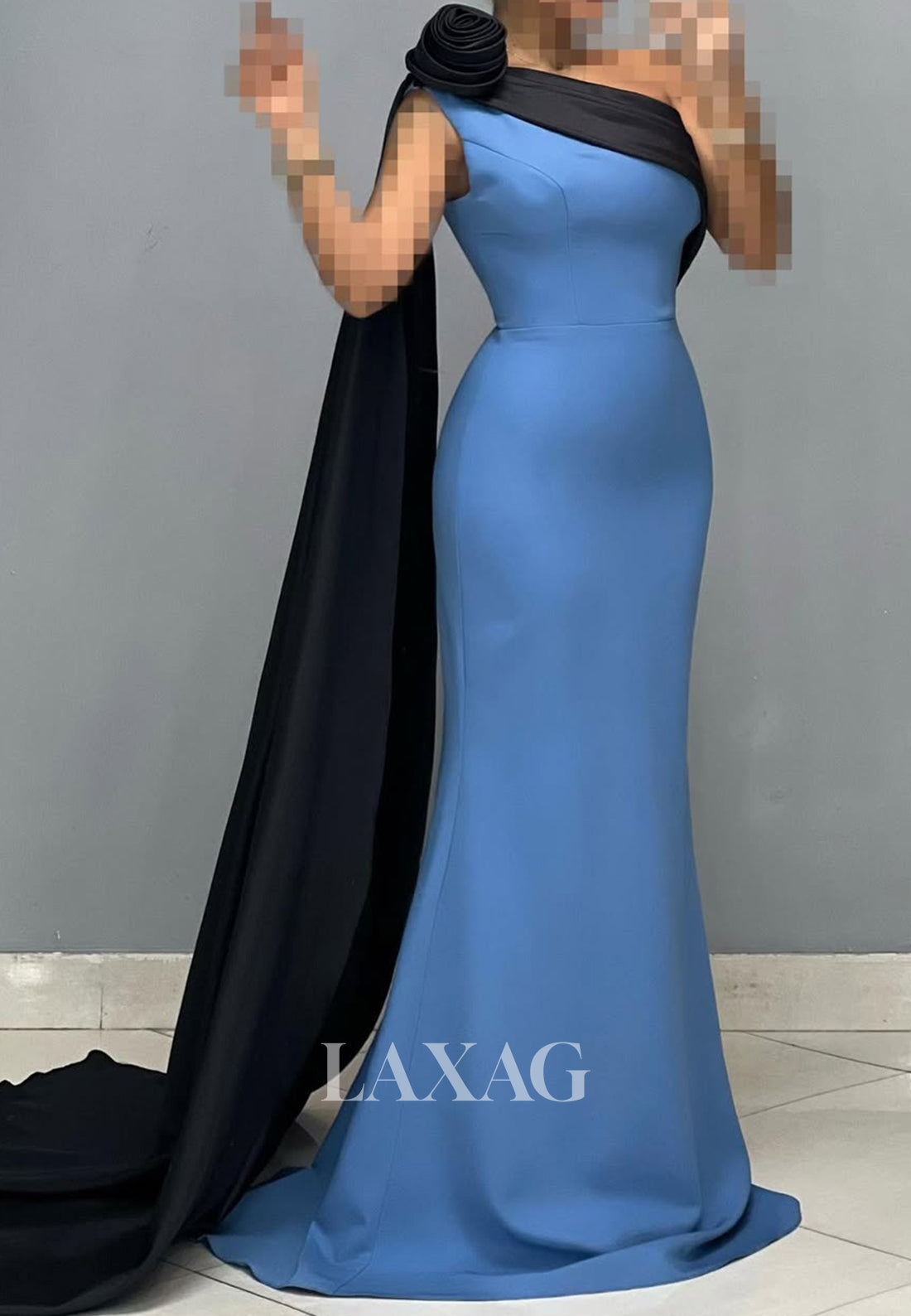 Asymmetrical-Neck Sleeveless Floral Embossed Party Gowns Pleated Sweep Train Satin Mermaid Prom Dress