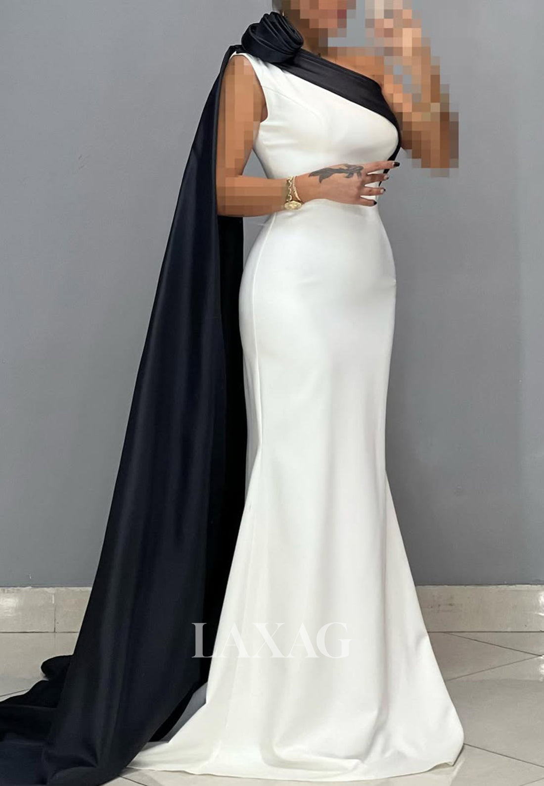 Asymmetrical-Neck Sleeveless Floral Embossed Party Gowns Pleated Sweep Train Satin Mermaid Prom Dress