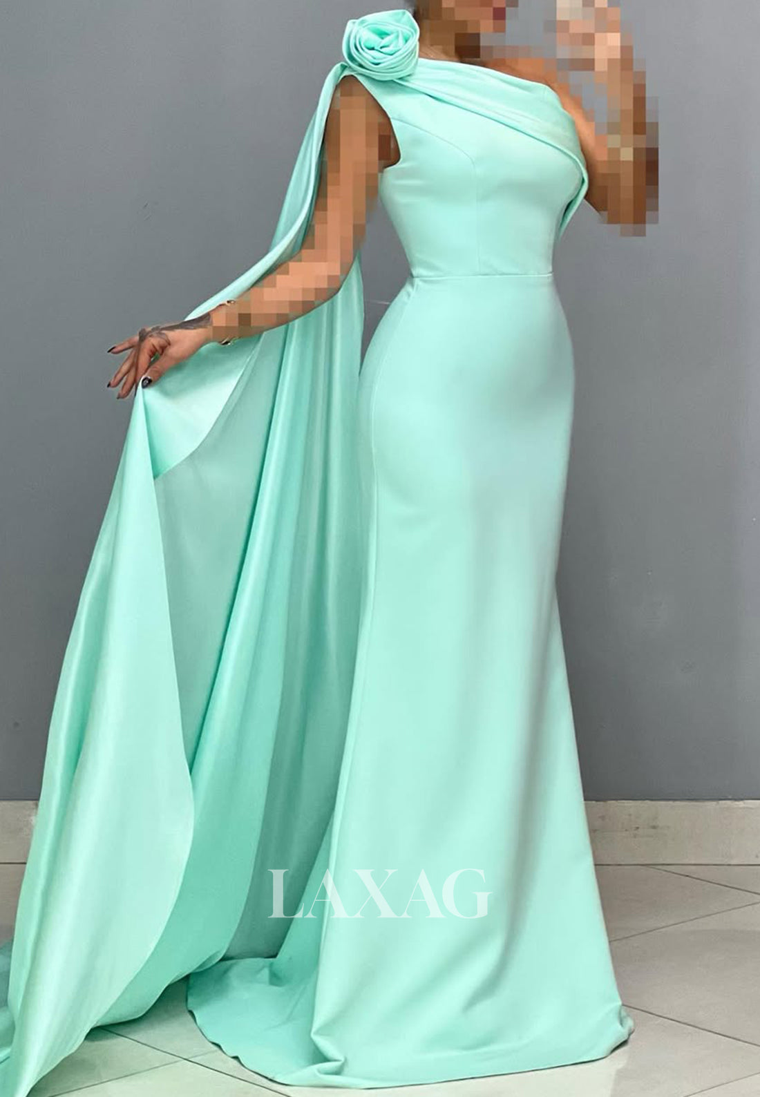 Asymmetrical-Neck Sleeveless Floral Embossed Party Gowns Pleated Sweep Train Satin Mermaid Prom Dress