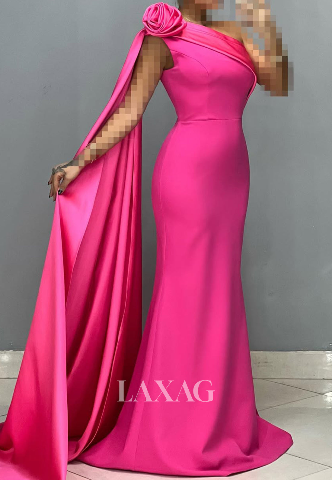 Asymmetrical-Neck Sleeveless Floral Embossed Party Gowns Pleated Sweep Train Satin Mermaid Prom Dress