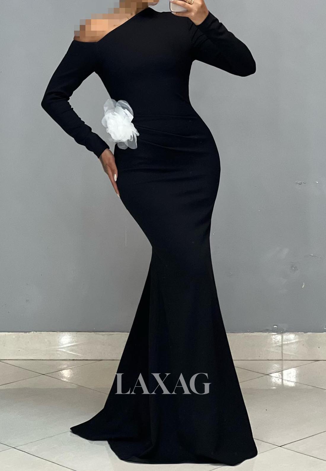 Asymmetrical-Neck Long-Sleeves Satin Formal Gowns Pleated Sweep Train Mermaid Evening Dress