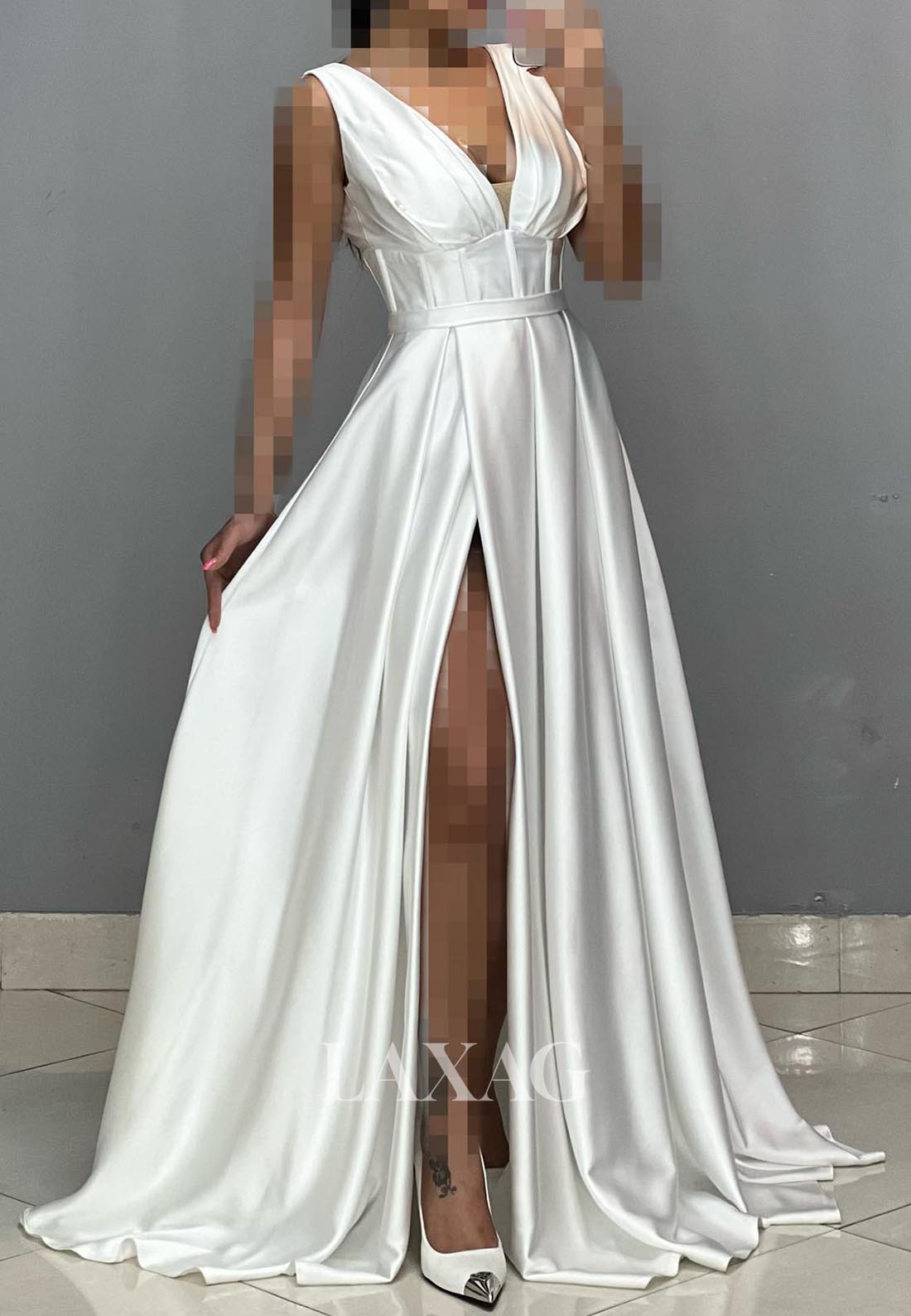 Deep V-Neck Sleeveless Off-Shoulder A-Line Evening Dress Straps Pleated High Slit Satin Formal Gowns