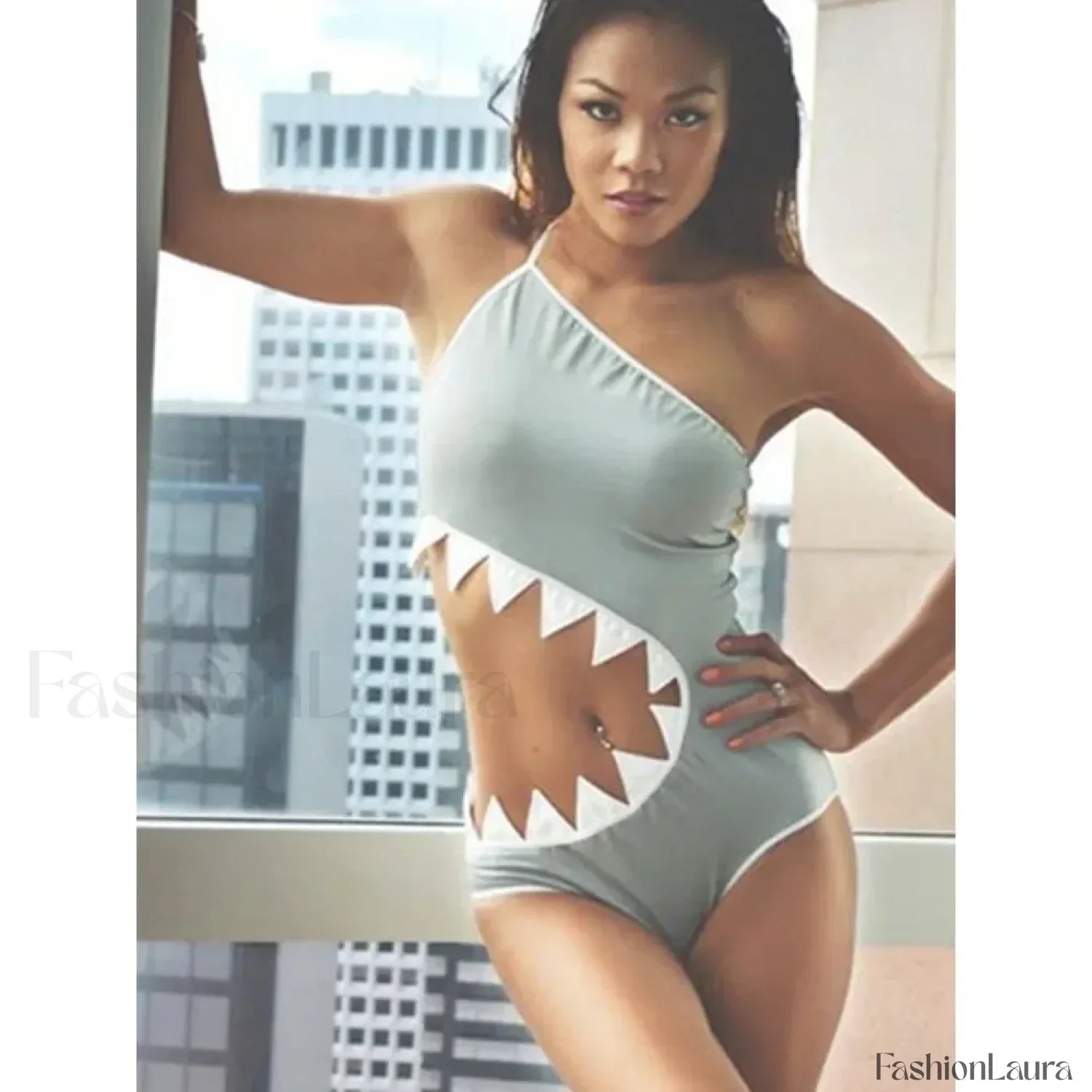 Shark Decor Hollow Out One Shoulder One Piece