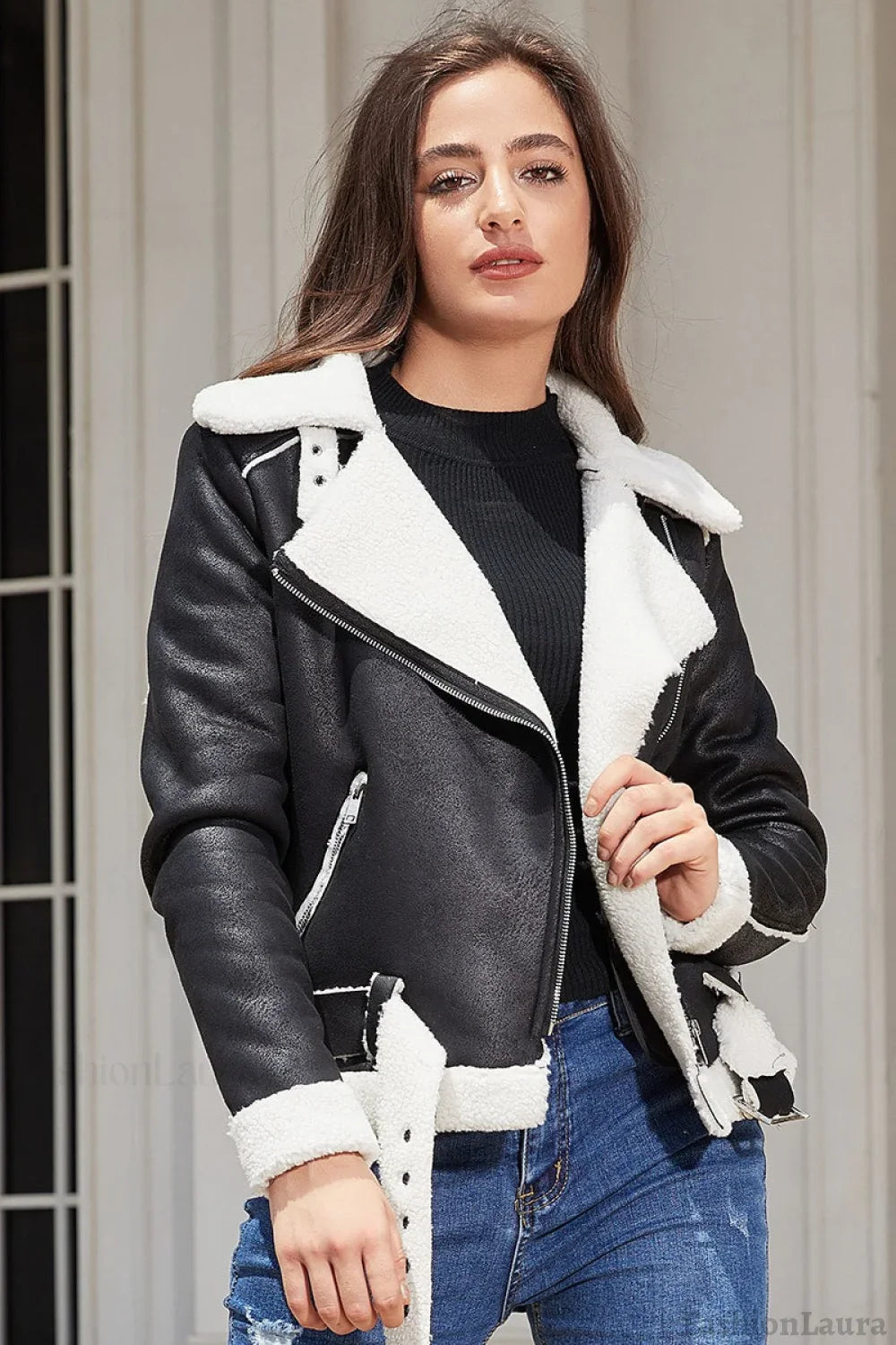 Shearling Lined Belted Suede Jacket S / Black