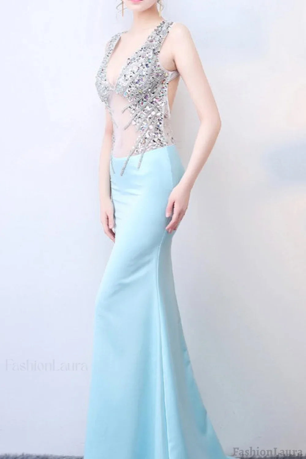 Sheer Blue Deep V Neck Maxi Party Dress