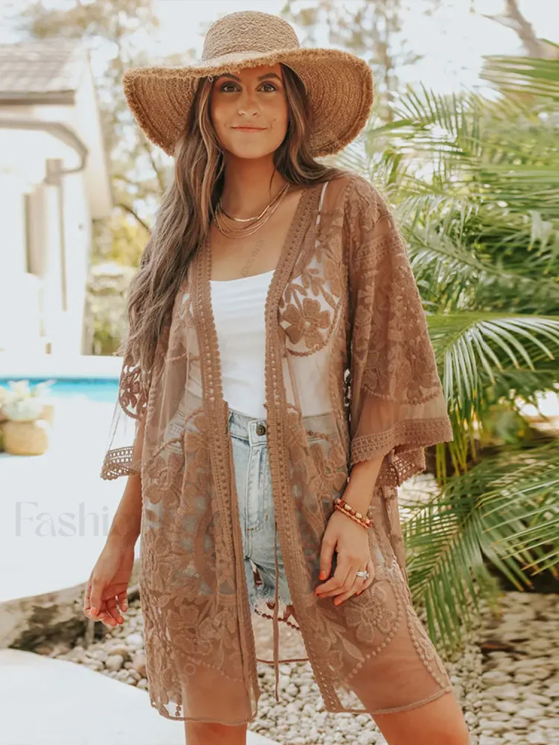 Sheer Lace Kimono Short Cover Up