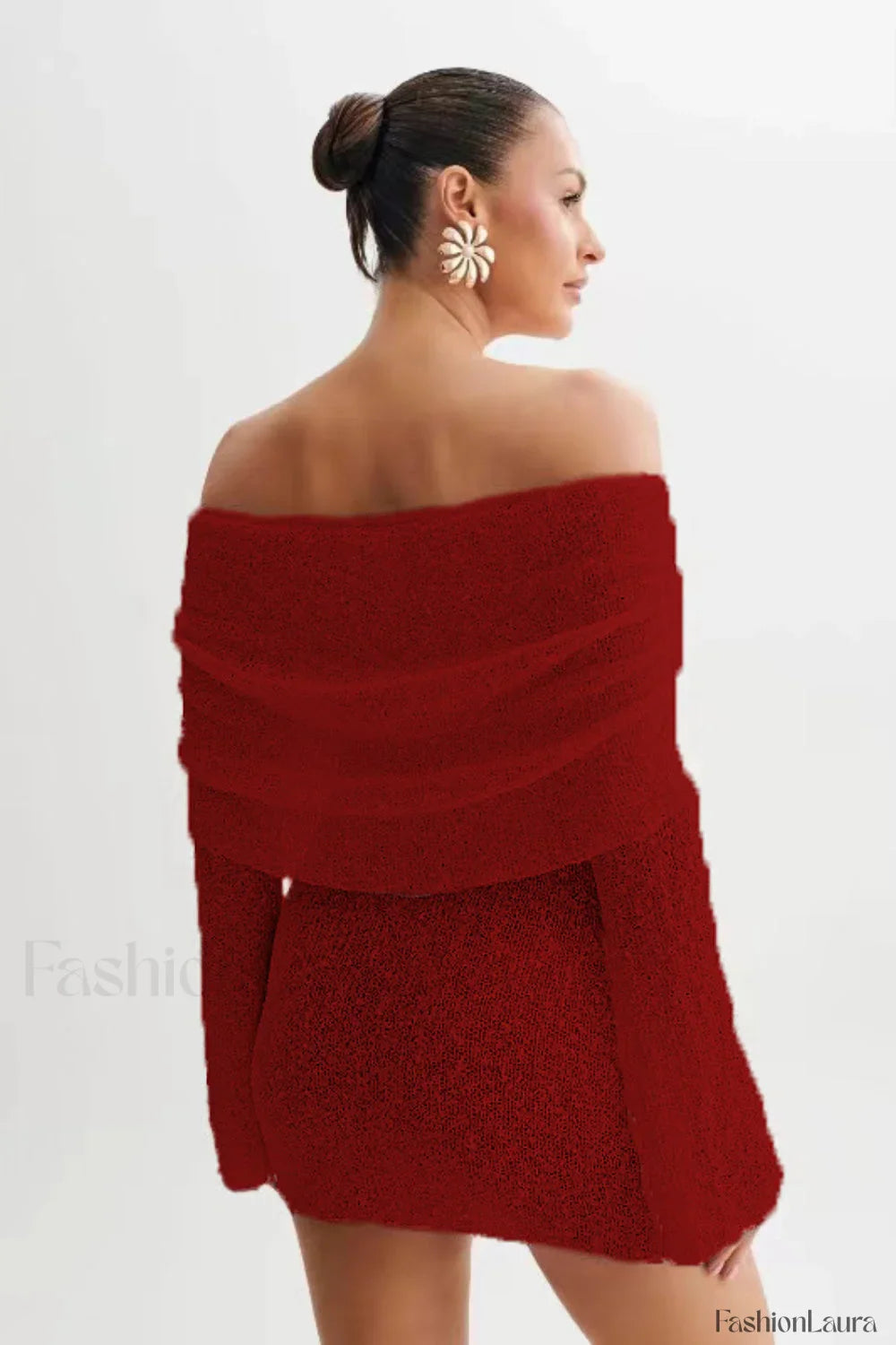 Sheer Long Sleeve Off-Shoulder Knit Work Dress