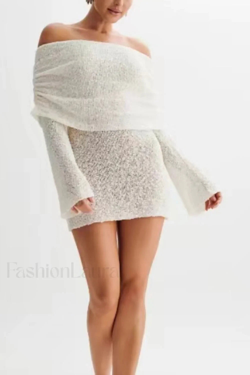 Sheer Long Sleeve Off-Shoulder Knit Work Dress