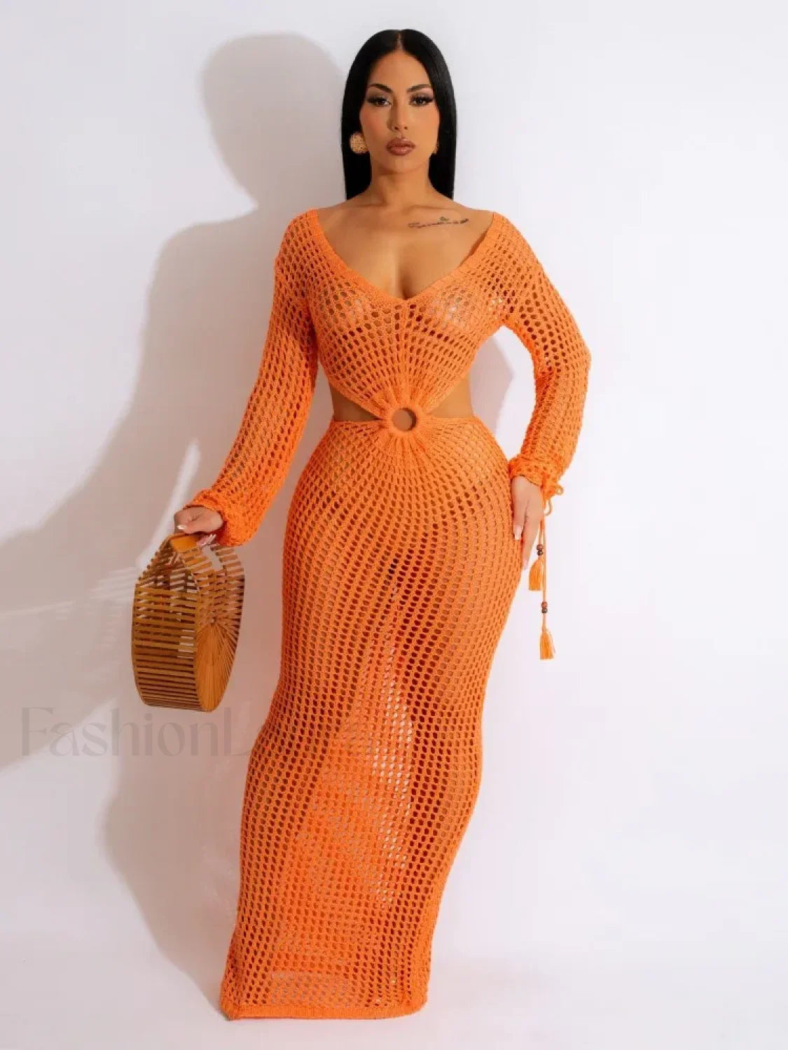 Sheer Long Sleeve Tunic Cover Up Orange / S