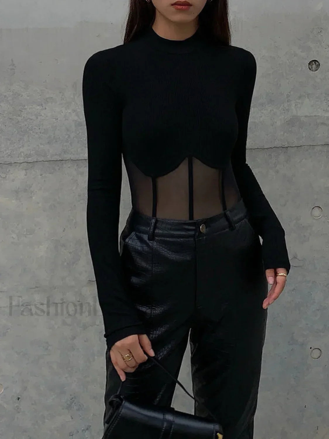 Sheer Mesh Combination Long Sleeve Top