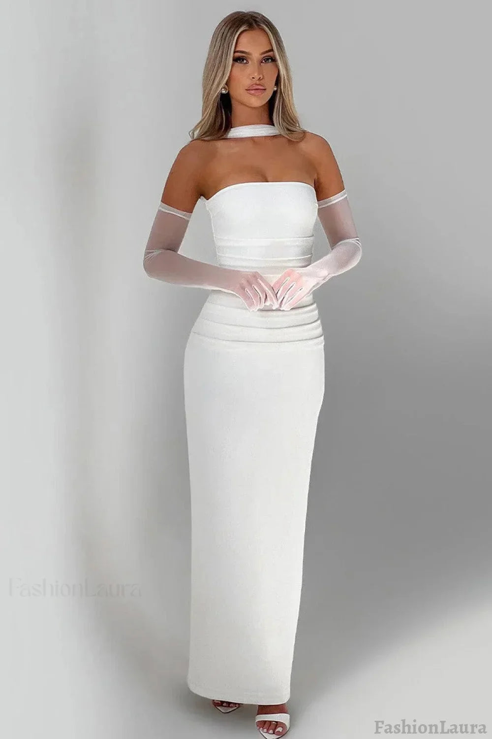 Sheer Sleeve Bustier Gown Formal Dress