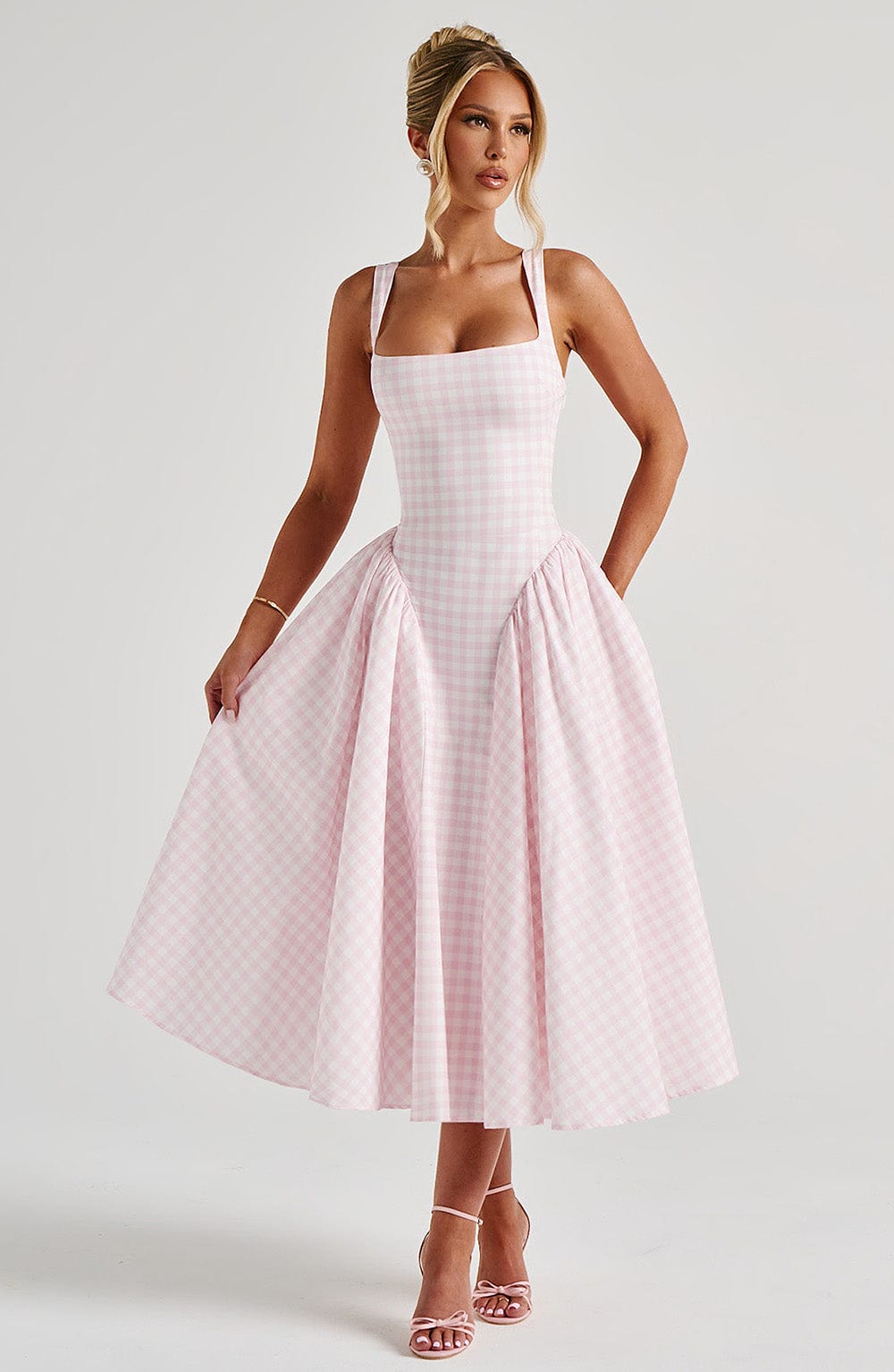 Gingham Square Neck Sleeveless Drop Waist Fit and Flare Midi Dress 5