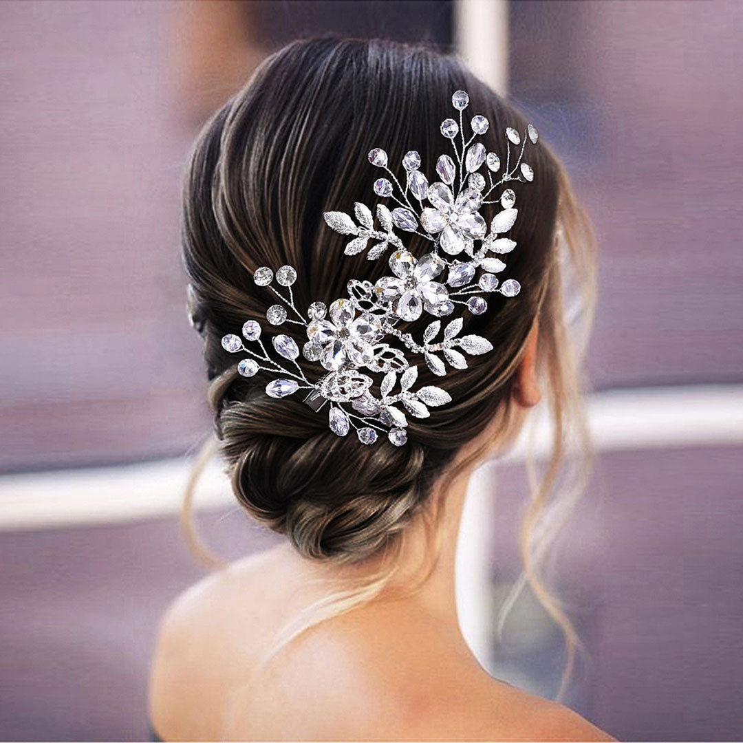 Shimmering Rhinestone Trim Rosette Metallic Leaf Bridal Hair Vine