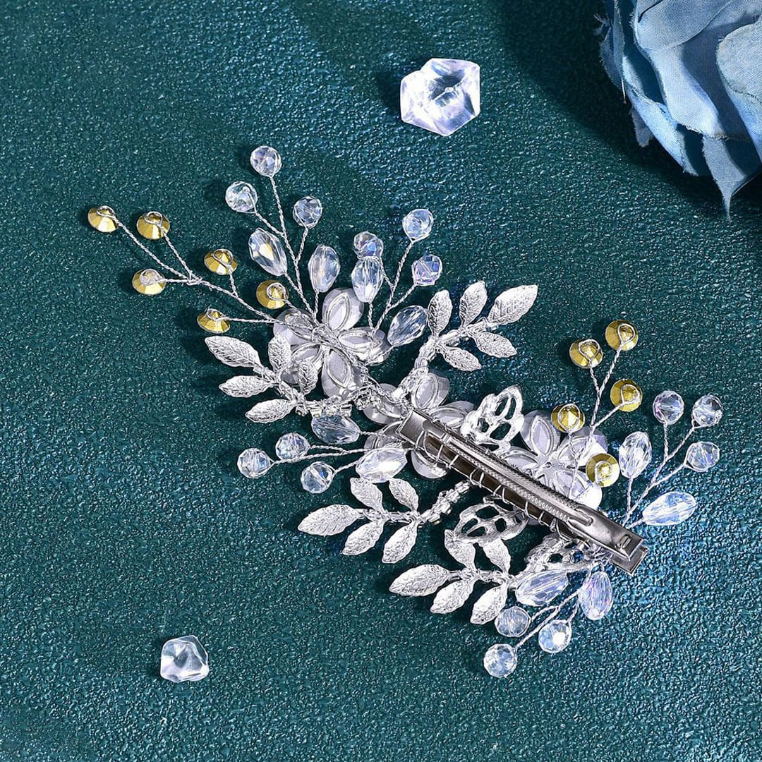 Shimmering Rhinestone Trim Rosette Metallic Leaf Bridal Hair Vine