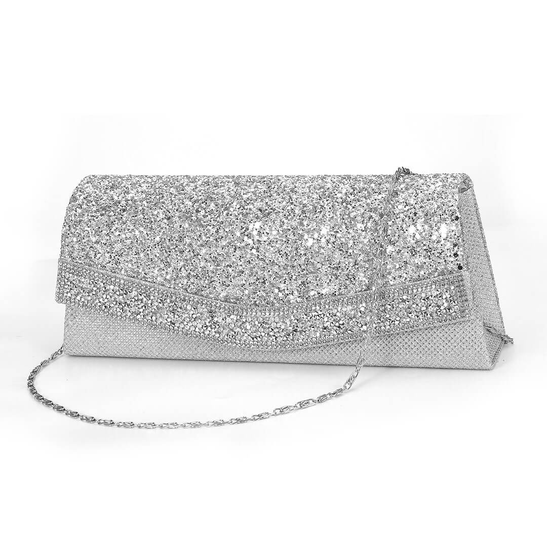 Shimmery Rhinestone Embellished Textured Flap Clutch Evening Bag - Silver