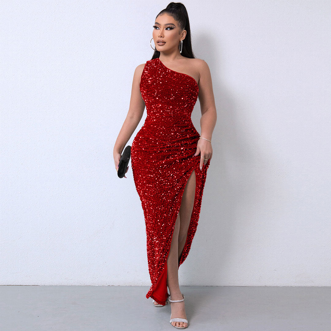 Sequin One Shoulder Sleeveless Ruched High Split Maxi Dress 2