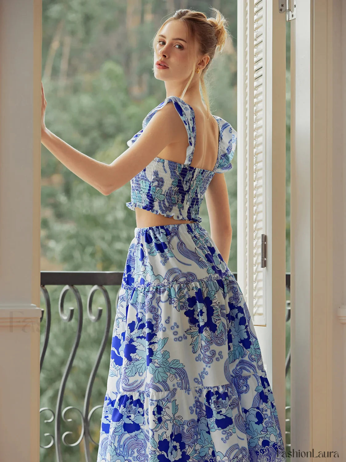 Shirred Floral Graceful Print Skirt Set