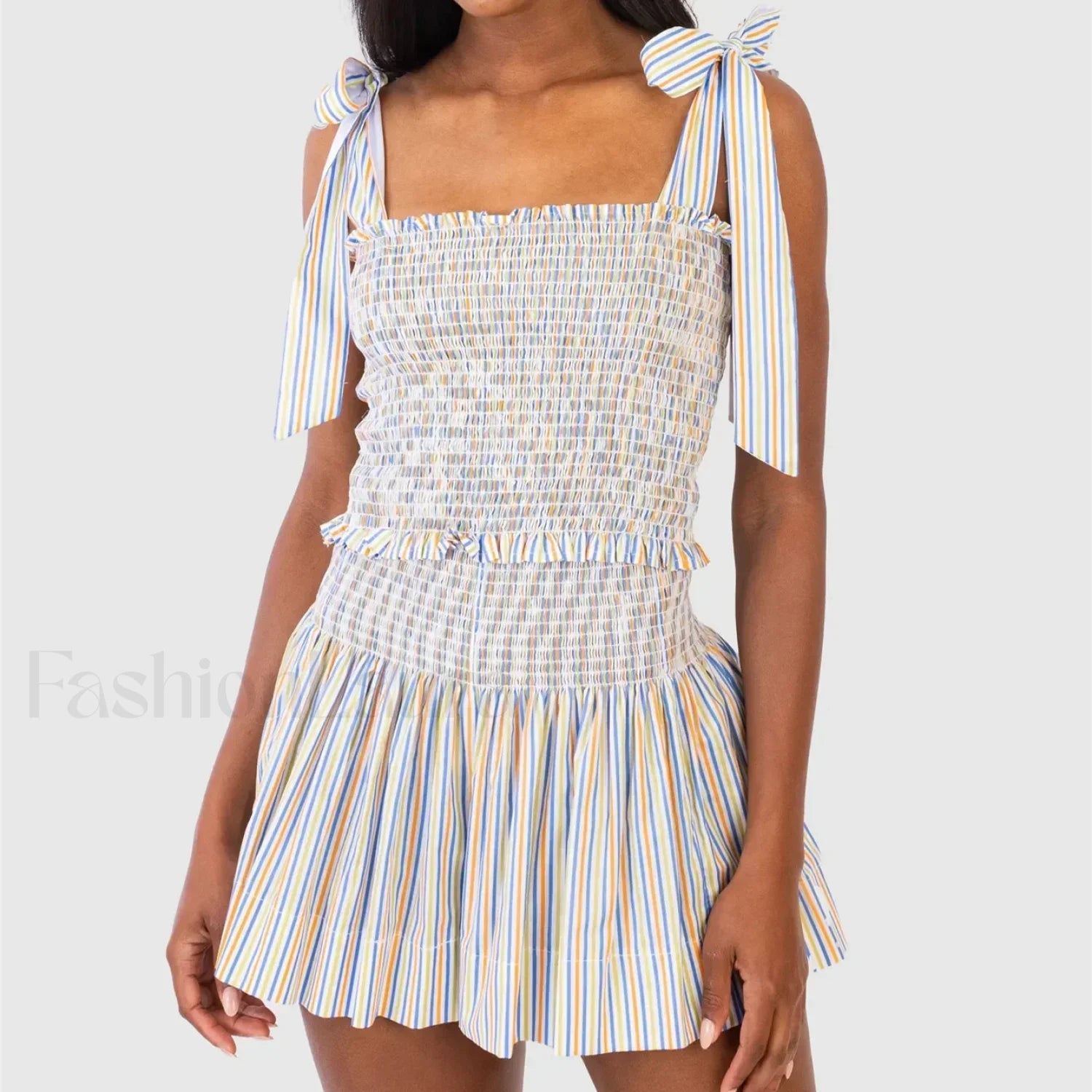 Shirred Tie Shoulder Crop Cami Elastic Waist Shorts Two Piece Set