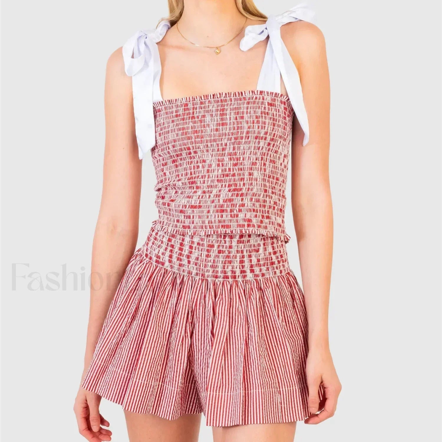 Shirred Tie Shoulder Crop Cami Elastic Waist Shorts Two Piece Set Red / S