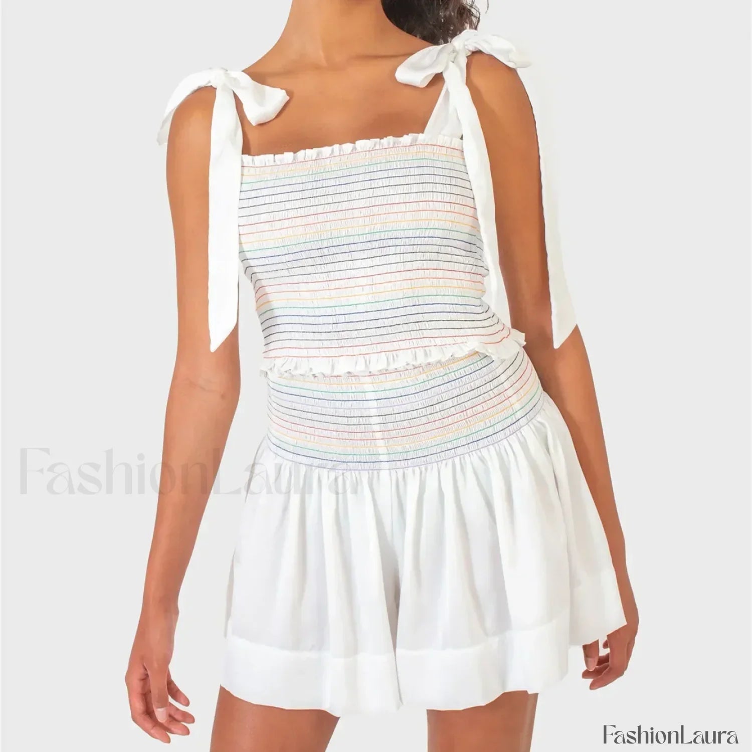 Shirred Tie Shoulder Crop Cami Elastic Waist Shorts Two Piece Set