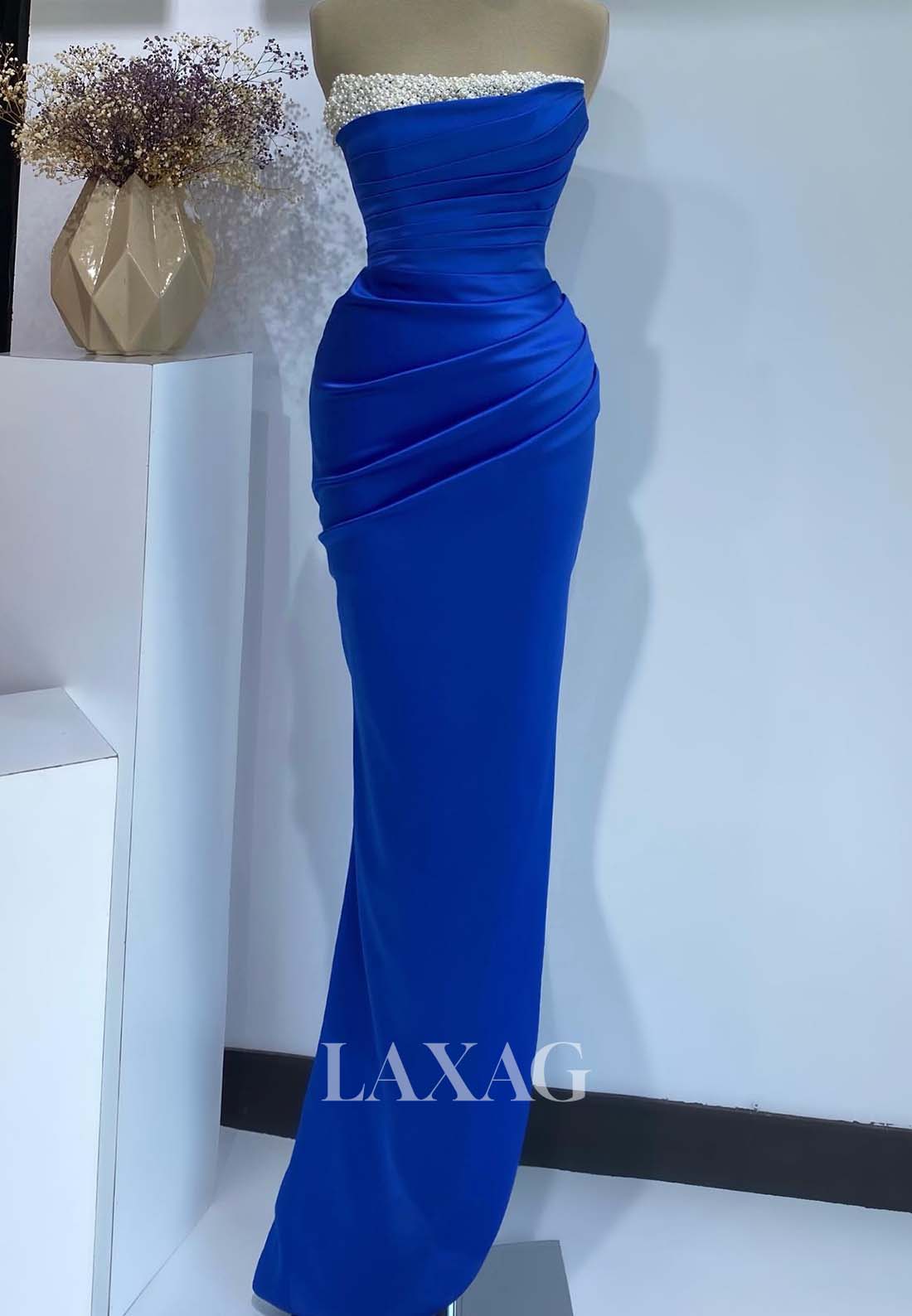 Beaded Tube Top Sleeveless Mermaid Formal Dress Pleated Satin Floor-Length Evening Gowns