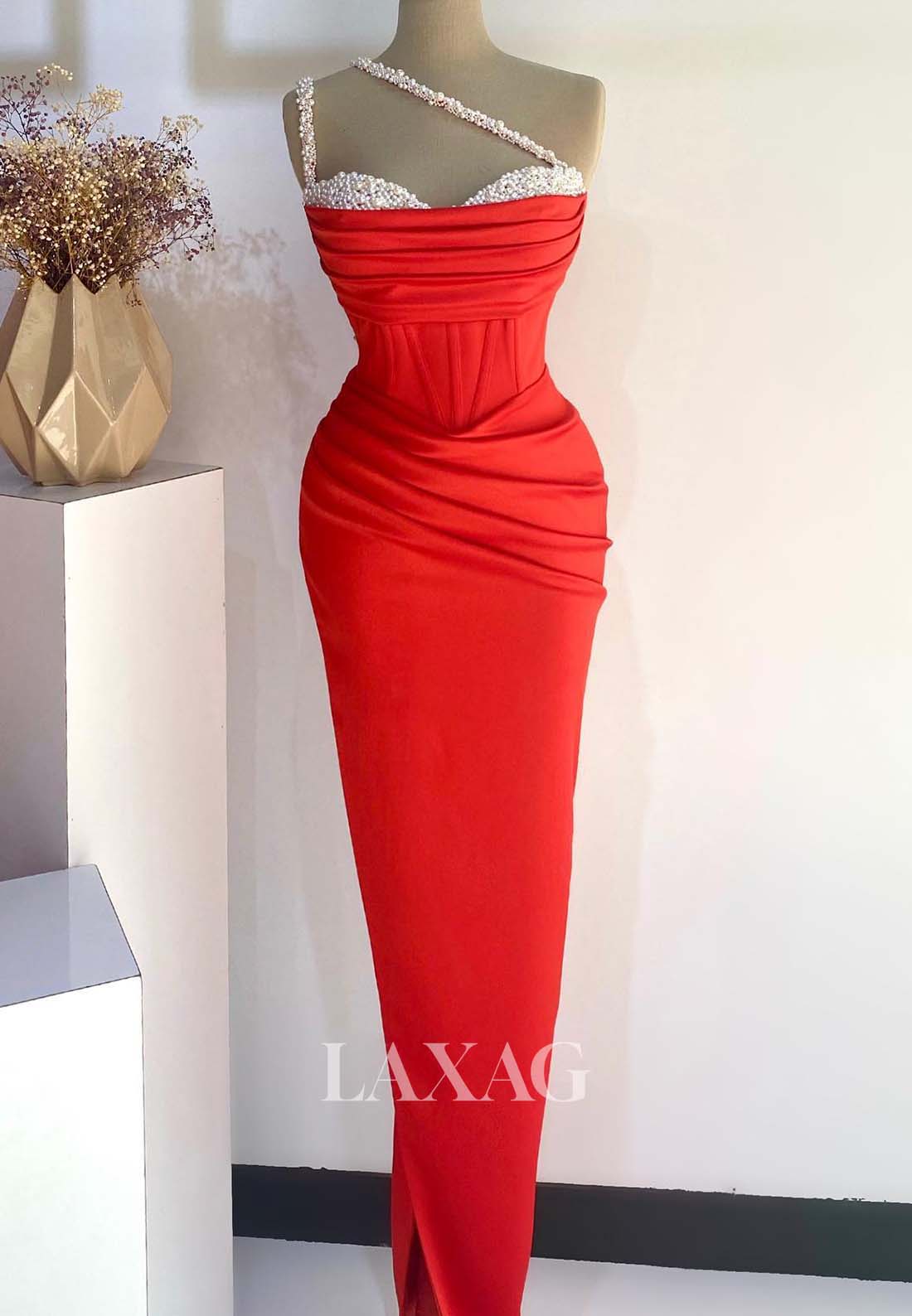 Spaghetti Straps Sleeveless Pleated Mermaid Formal Gowns Sweetheart Beaded Satin Evening Dress