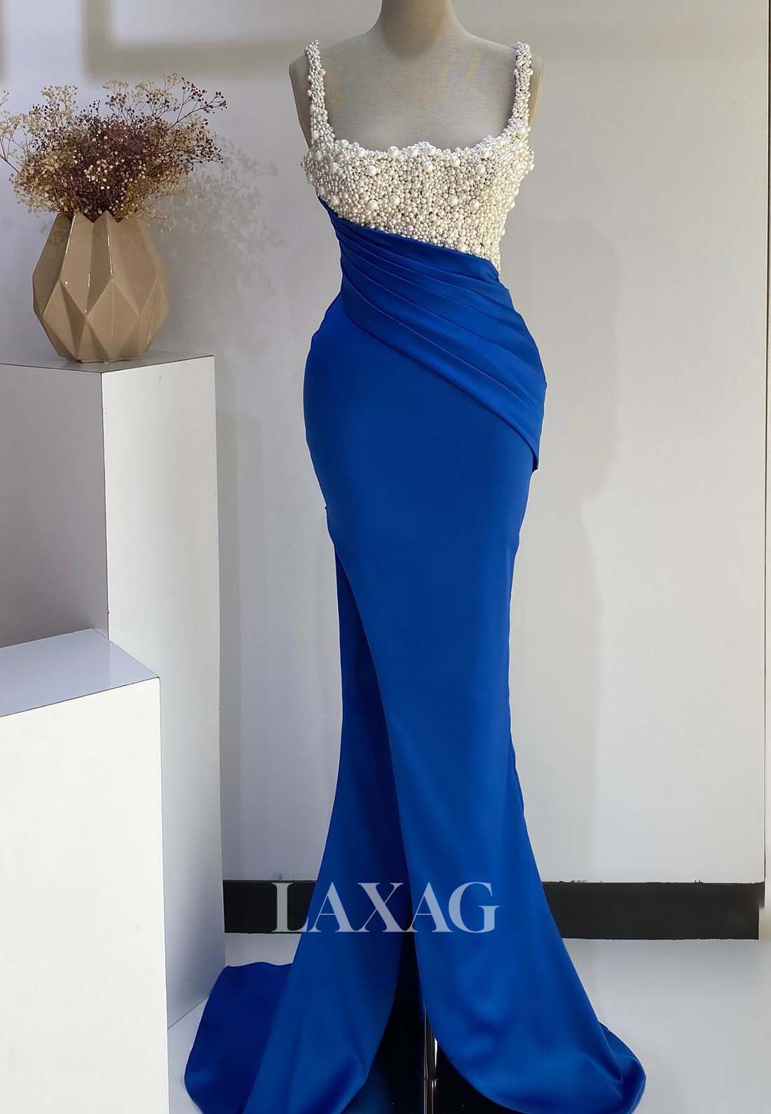 Sweetheart Spaghetti Straps Pleated Mermaid Evening Gowns Sleeveless Beaded Satin Formal Gowns
