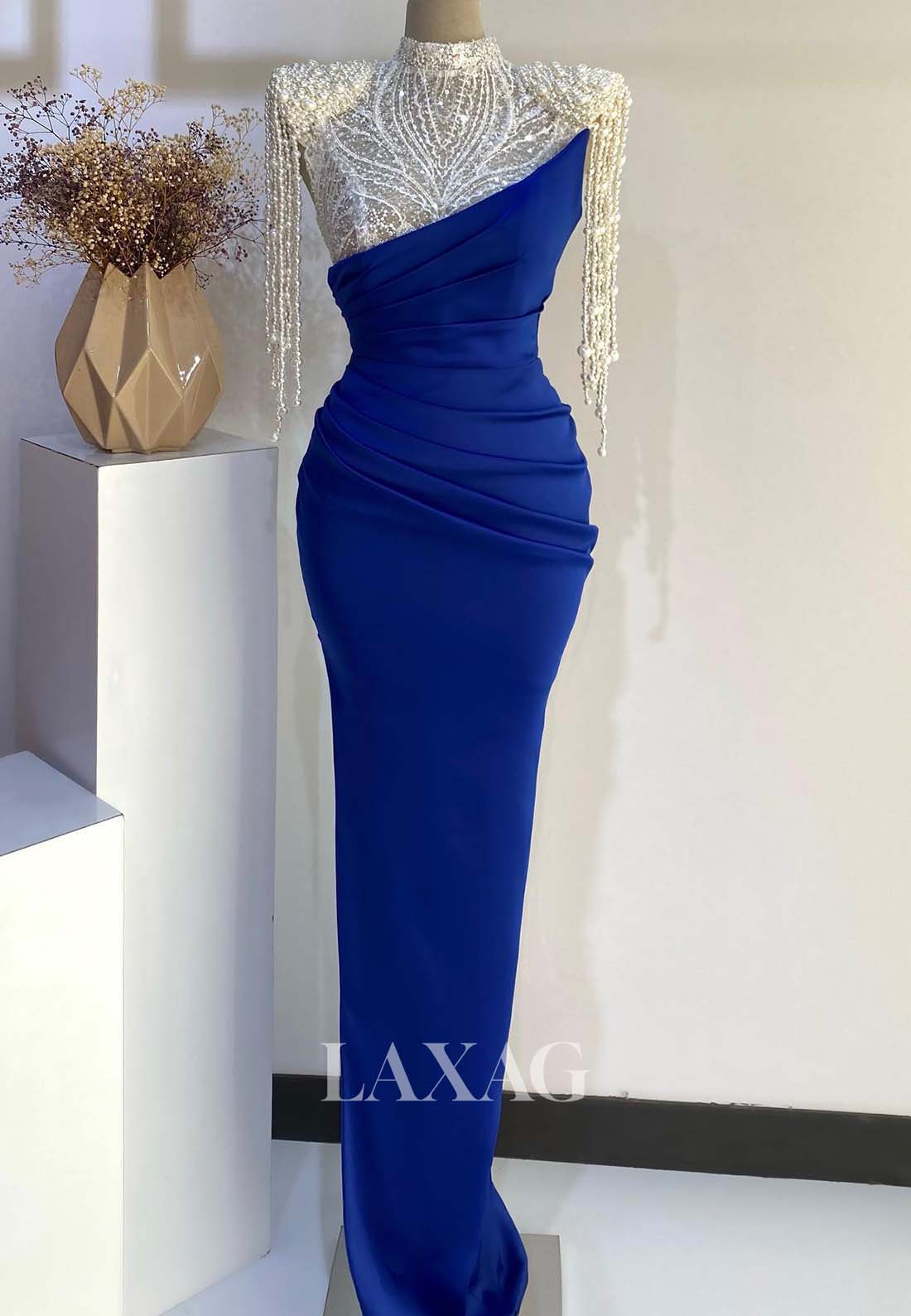 High-Neck Cap-Sleeves Pleated Mermaid Formal Gowns Beaded Sequined Applique Evening Dress
