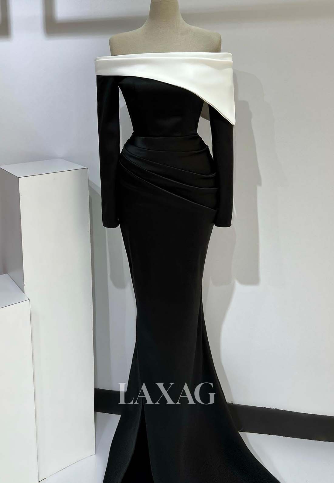 Tube Top Long-Sleeves Pleated Formal Gowns Two Tone Satin Mermaid Evening Dress with Sweep Train