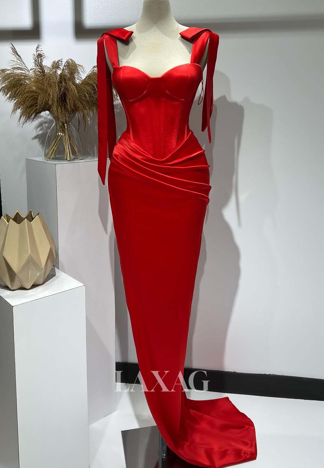 Sweetheart Bows-Straps Sleeveless Mermaid Evening Dress Pleated High Slit Satin Formal Gowns