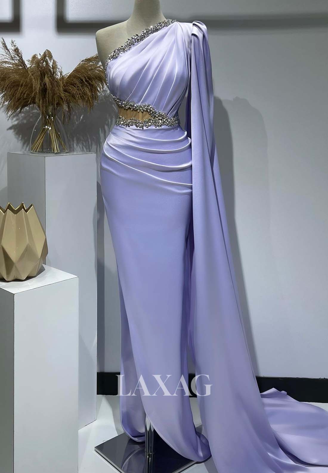 Asymmetrical-Neck Beaded Pleated Formal Gowns Sleeveless Sweep Train Mermaid Evening Dress