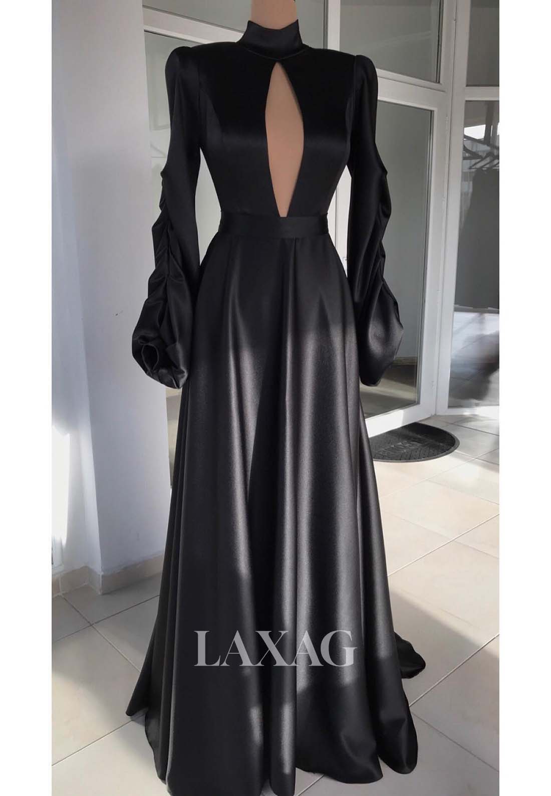 Simple High-Neck Long-Sleeves Fitted Evening Dress Pleated Cutout Satin Formal Gowns