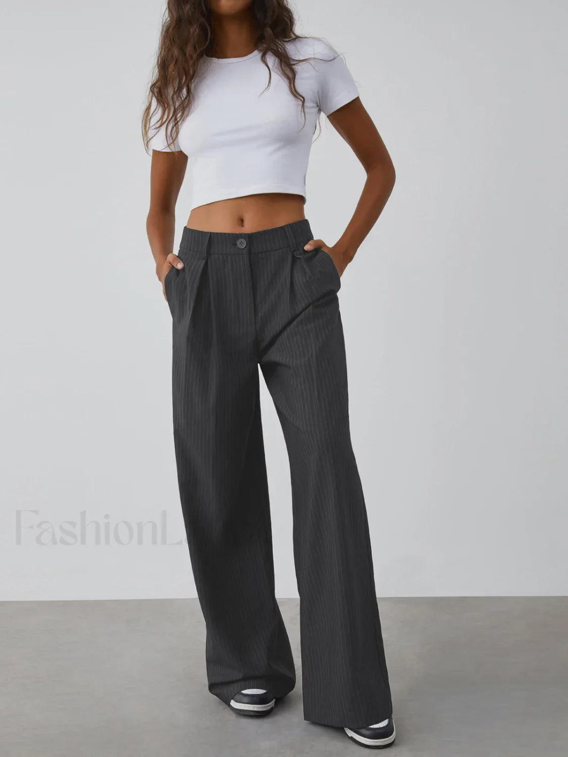 Shock Value Pinstripe Trendy Wide Leg Dress Pants Grey / XS Pants