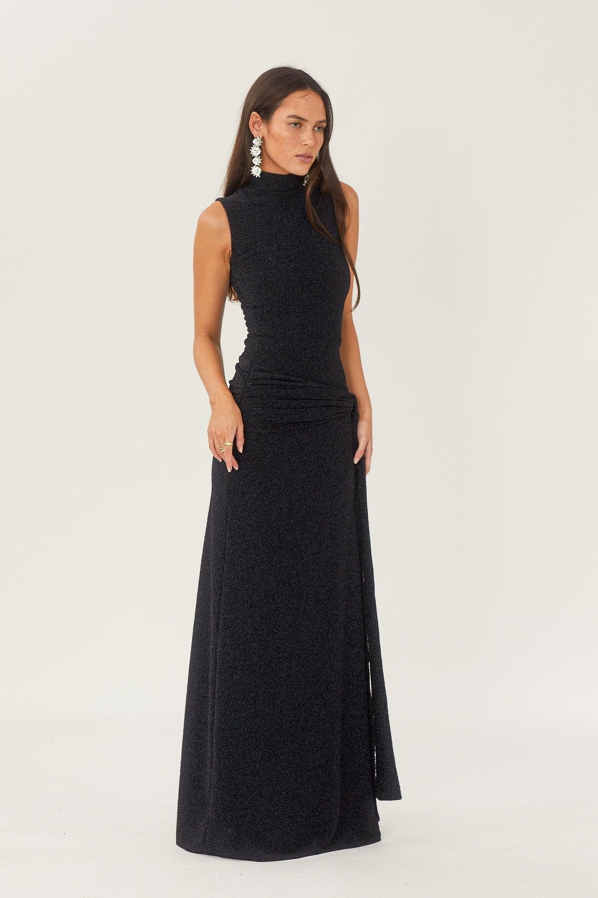 Glitter Knit Mock Neck Sleeveless Tie Waist Mermaid Maxi Dress 5