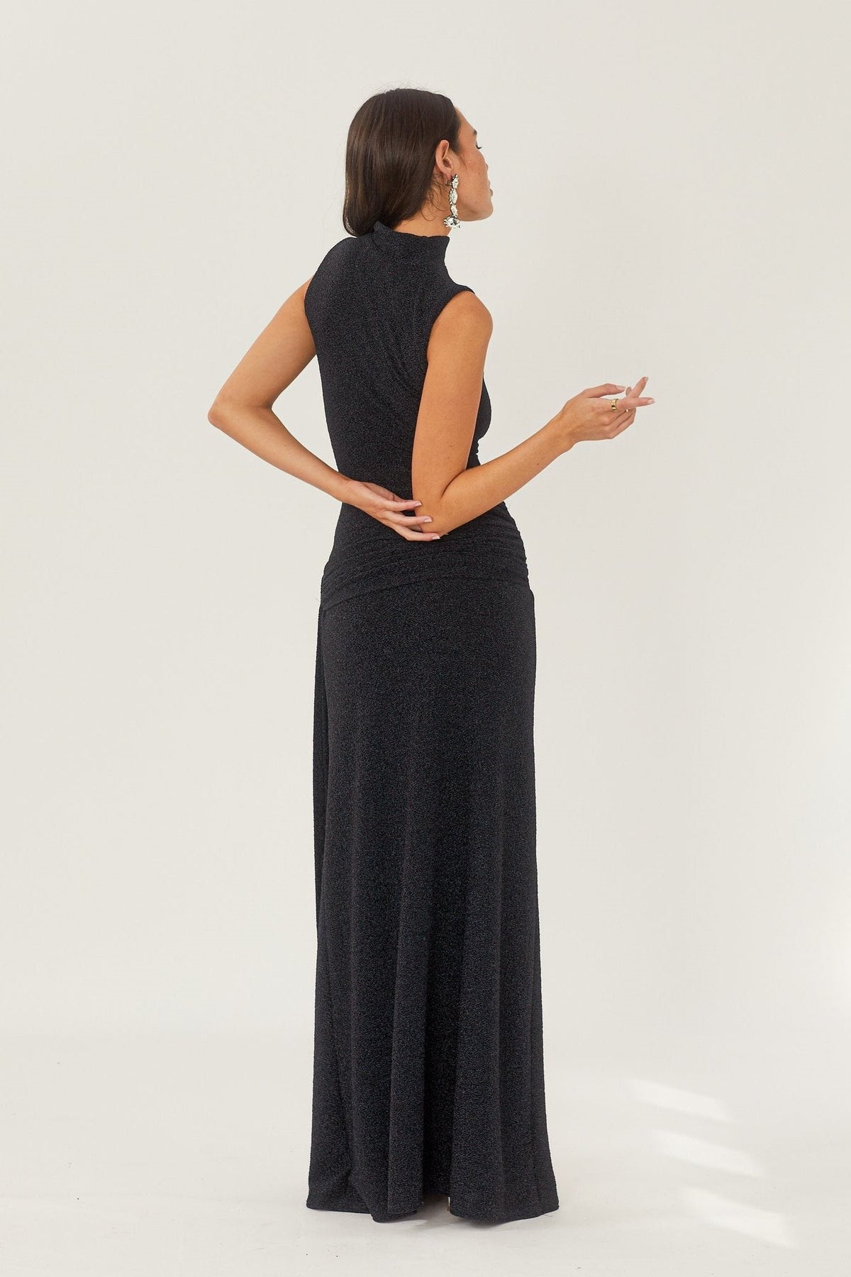 Glitter Knit Mock Neck Sleeveless Draped Sash Mermaid Maxi Dress 7
