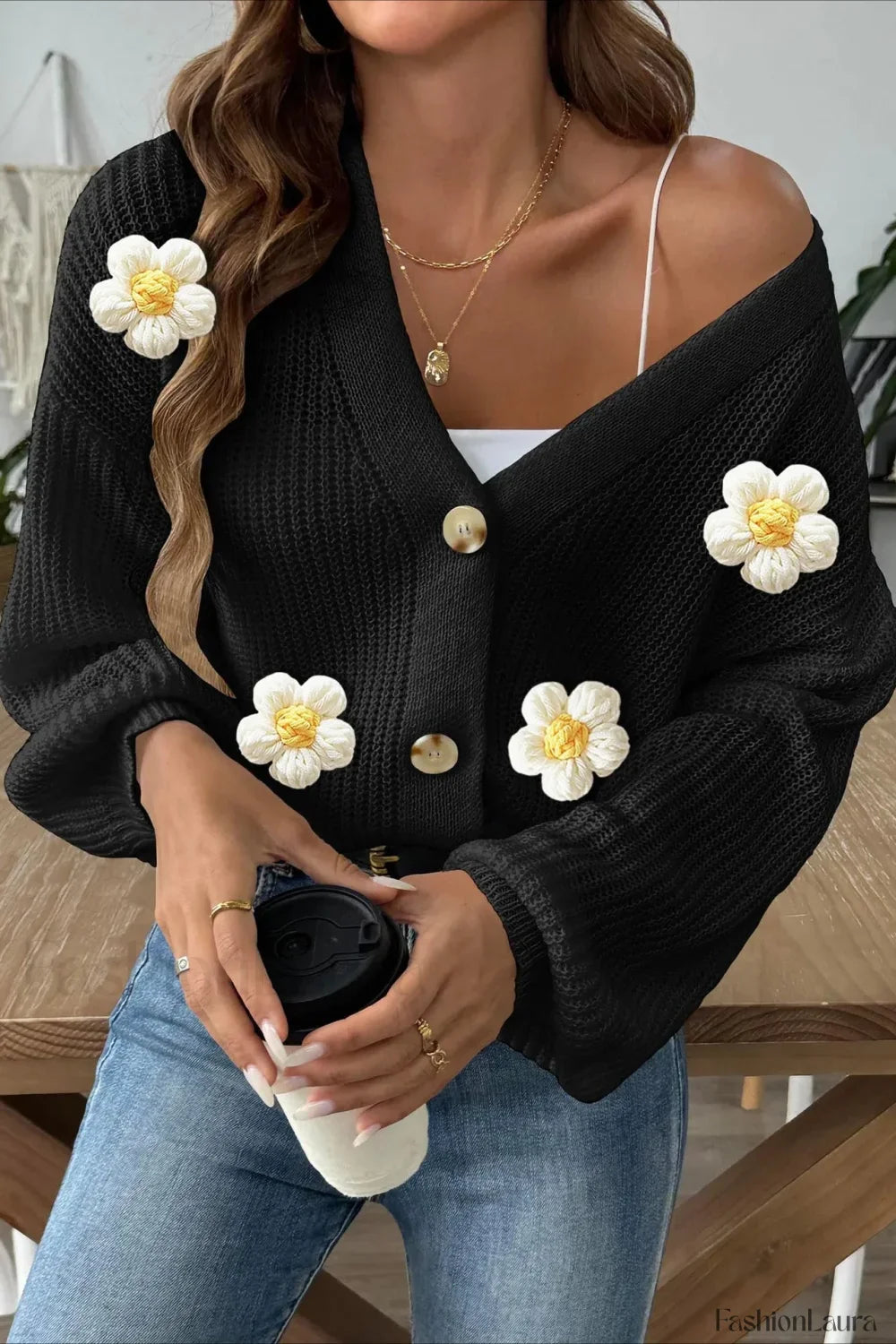 Short Floral Knit Long Sleeve Cardigan