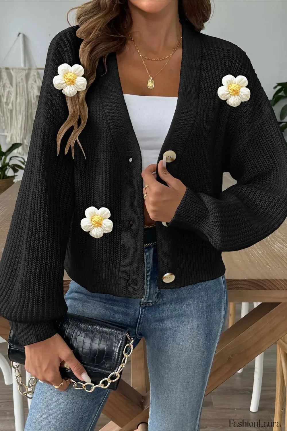 Short Floral Knit Long Sleeve Cardigan