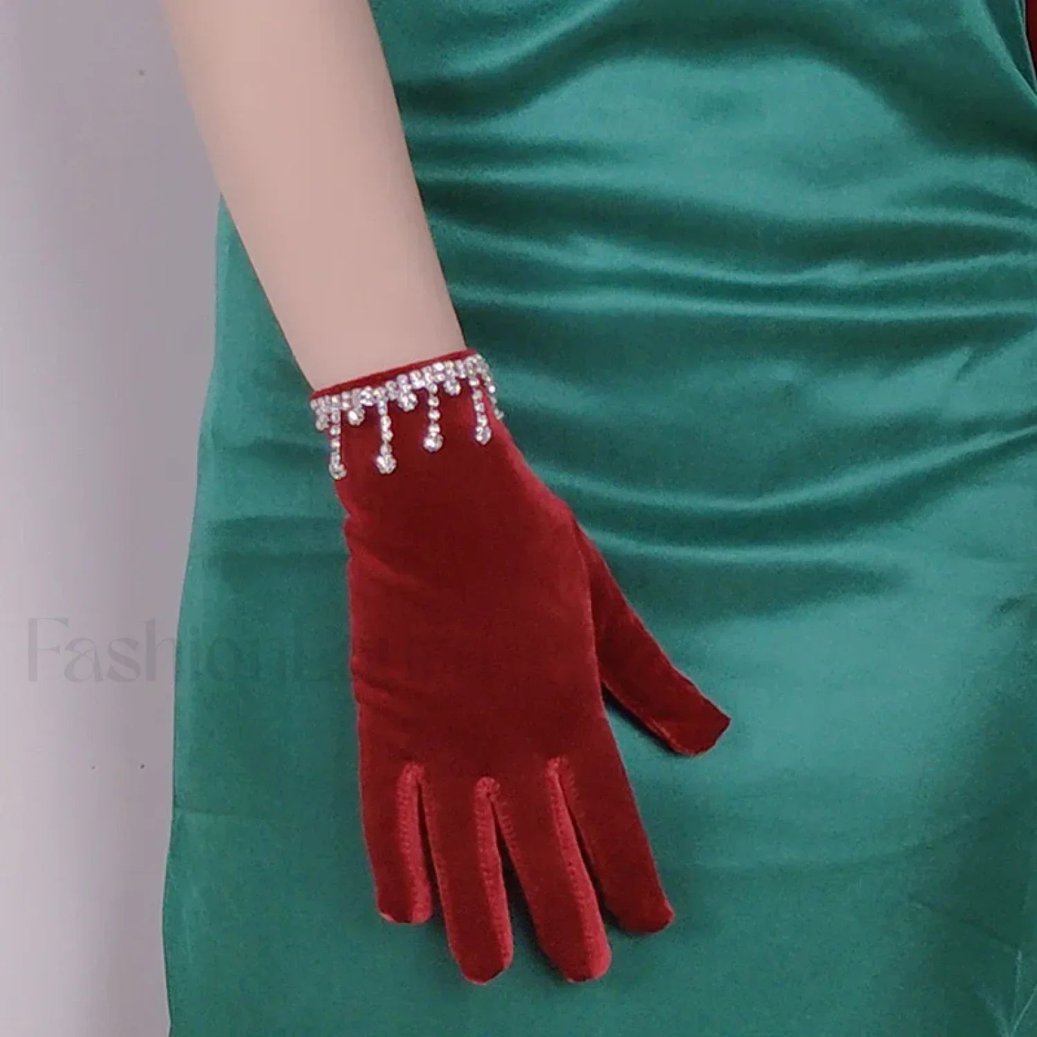 Short Golden Velvet Tassel Rhinestone Makeup Party Opera Dance Full Finger Christmas Glove