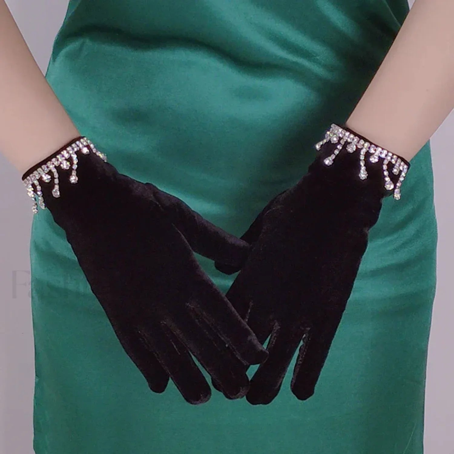 Short Golden Velvet Tassel Rhinestone Makeup Party Opera Dance Full Finger Christmas Glove Black / 23CM